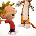 Blond Boy And Tiger Cartoon Characters With Outstretched Arms Playful Stance