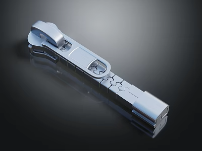 Metallic Apparel Zipper Slider With Shiny Teeth And Reflection On Dark Background 3d model