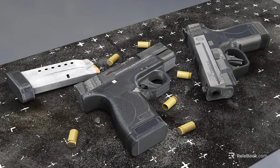 Various Handguns And Bullets Placed On Black Surface With Star Patterns 3d model 