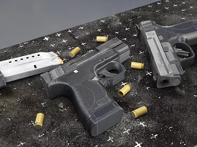 Various Handguns And Bullets Placed On Black Surface With Star Patterns 3d model