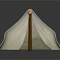 Light Beige Camping Tent With Wooden Frame Round Top And Simple Design