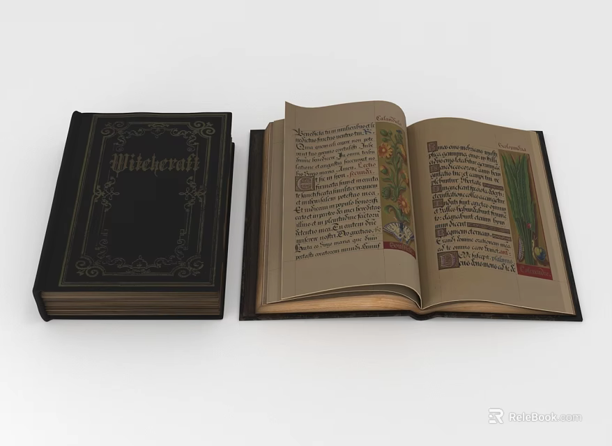 Medieval Book With Black Cover Golden Text And Open Pages Featuring Colorful Illustrations 3d model 
