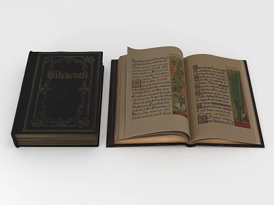 Medieval Book With Black Cover Golden Text And Open Pages Featuring Colorful Illustrations 3d model
