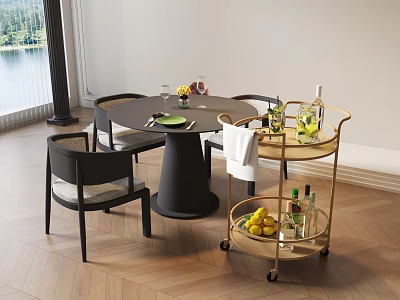 Modern Round Dining Table And Chairs Set With Serving Cart And Lake View 3d model