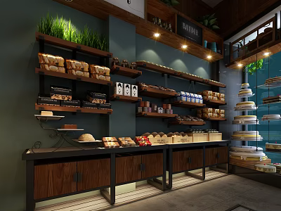 Dessert Shop Featuring Fresh Pastries Bread On Shelves With Green Plant Decor And Warm Lighting 3d model