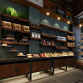 Dessert Shop Featuring Fresh Pastries Bread On Shelves With Green Plant Decor And Warm Lighting