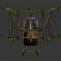 Vintage Biplane 3D Model With Green Wings Brown Fuselage Blue Mechanical Parts And Yellow Lights