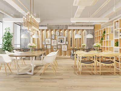 Café Interior Design With Wooden Tables Chairs Green Plants Bookshelves And Decorative Paintings 3d model