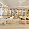 Café Interior Design With Wooden Tables Chairs Green Plants Bookshelves And Decorative Paintings