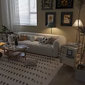 Elegant Living Room With Multi-Seat Sofa Decorative Wall Art Coffee Table And Green Plants