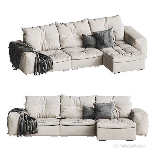 Modern Beige Sectional Sofa With Plush Pillows And Cozy Throw Blanket 3d model