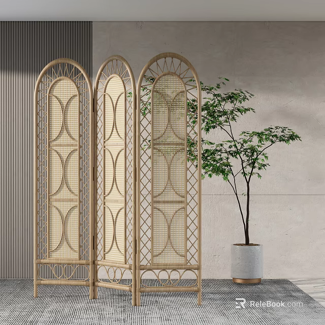 Modern Gold Frame Room Divider With Geometric Pattern And Indoor Green Plant 3d model 