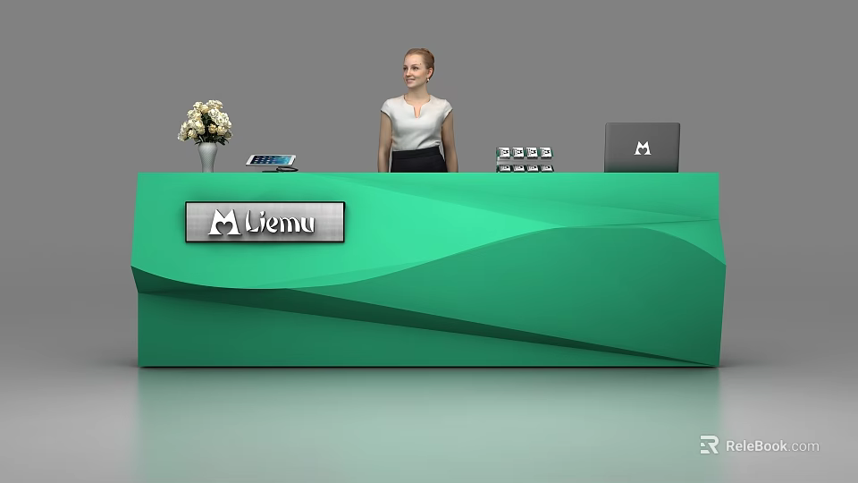 Modern Green Reception Desk With Liema Logo Flower Vase Phone Tablet And Staff 3d model 