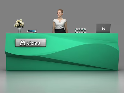Modern Green Reception Desk With Liema Logo Flower Vase Phone Tablet And Staff 3d model