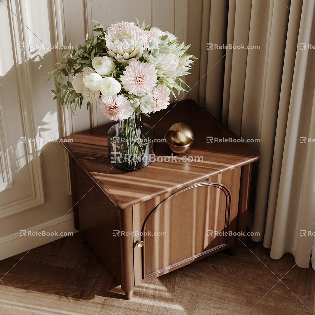 American Style Bedside Table Floral Flower Solid Wood Bedside Table model