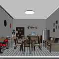Home Living Space Featuring Chinese Calligraphy Red Motorcycle Dining Table Sofa And Patterned Tile Floor