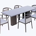 Modern Dining Table Set With Rectangular Gray Tabletop Dark Legs And Six Woven Back Chairs 3d model