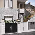 Modern Detached Villa Exterior With Stone Walls Wooden Staircase And Garage Door
