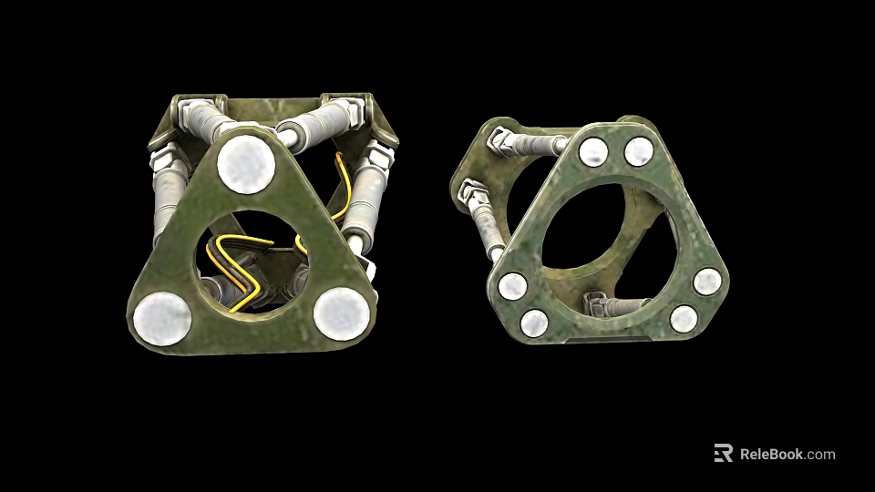 Green Military Weapon Metal Structure With Circular Components And Yellow Cables 3d model 