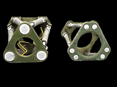 Green Military Weapon Metal Structure With Circular Components And Yellow Cables 3d model