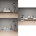 Modern White Wooden TV Stand With Side Cabinet Decorations Vase And Floor Lamp