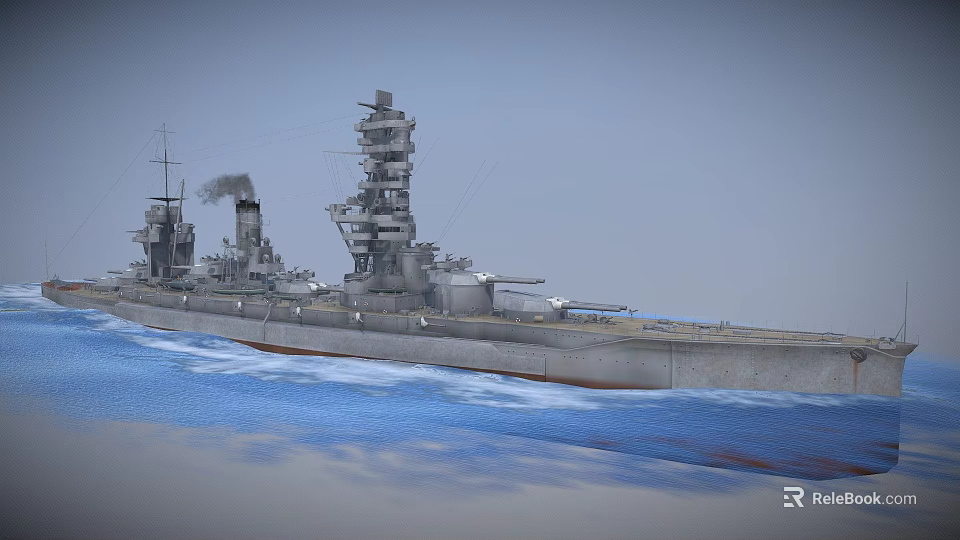 Vintage Battleship Sailing On Blue Sea With Multiple Towers Cannons And Smoke 3d model 