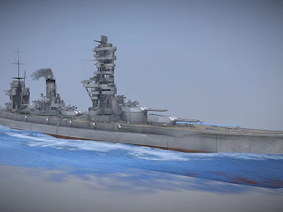Vintage Battleship Sailing On Blue Sea With Multiple Towers Cannons And Smoke 3d model