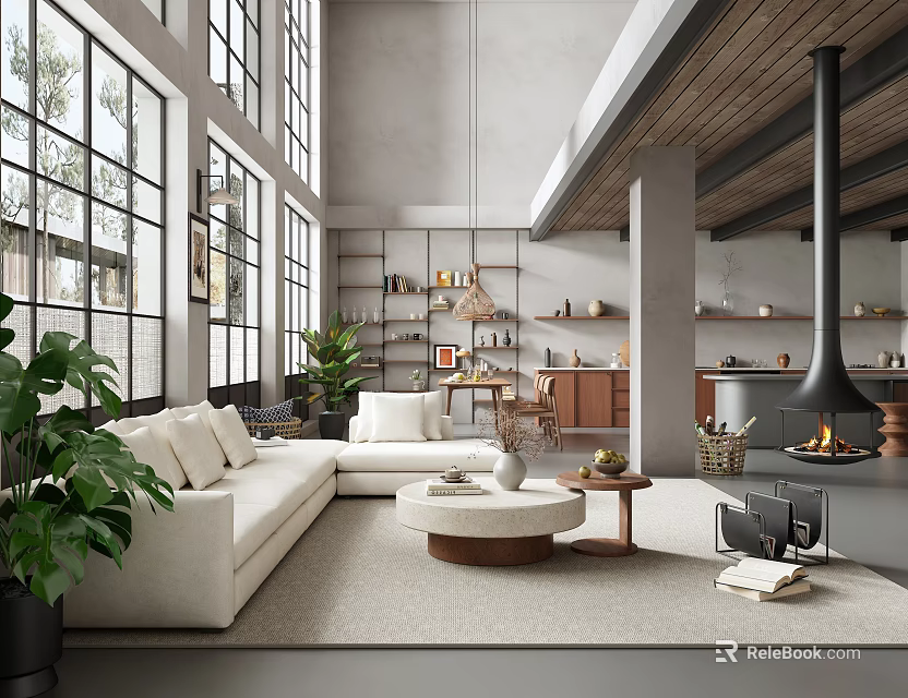 Duplex Living Room Interior With High Ceiling Large Windows White Sofa And Green Plants 3d model