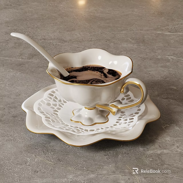 White Floral Rim Cup With Gold Trim And Lace Saucer Holding Dark Beverage Spoon 3d model 