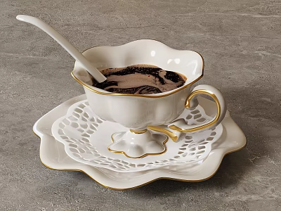 White Floral Rim Cup With Gold Trim And Lace Saucer Holding Dark Beverage Spoon 3d model