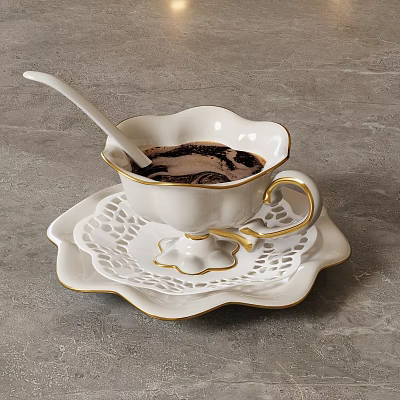 White Floral Rim Cup With Gold Trim And Lace Saucer Holding Dark Beverage Spoon 3d model