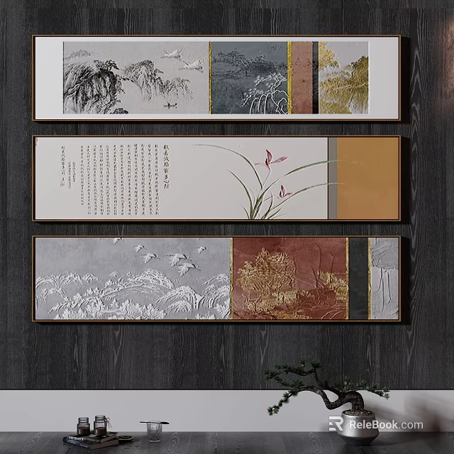 Chinese Traditional Wall Art Paintings with Landscape Calligraphy and Floral Designs 3d model 