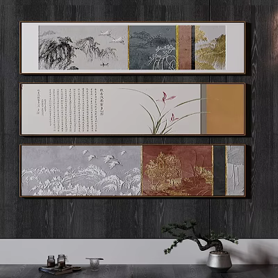 Chinese Traditional Wall Art Paintings with Landscape Calligraphy and Floral Designs 3d model