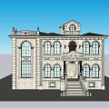 Classical Style White Detached Villa with Arched Windows Balcony Front Steps and Decorative Carvings