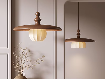 Wooden Pendant Light with White Fabric Shade in Minimalist Interior with Dried Flowers 3d model