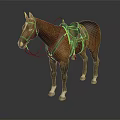 Brown Horse With Colorful Saddle Blanket And Leather Bridle Standing On Dark Background