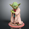 Detailed Yoda Figurine With Green Skin Wearing Brown Robe Holding Cane On Red Base