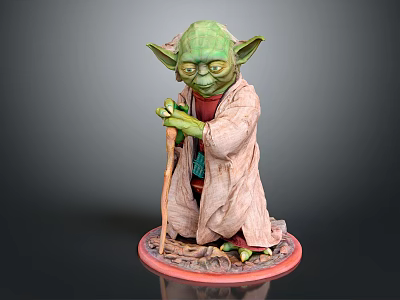 Detailed Yoda Figurine With Green Skin Wearing Brown Robe Holding Cane On Red Base 3d model