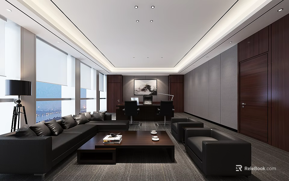 Modern Office Interior With Large Windows City View Black Leather Sofas And Coffee Table 3d model