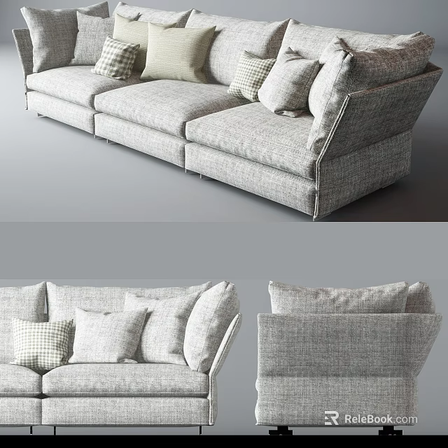 Modern Three Seater Sofa With Gray Fabric Upholstery And Decorative Pillows 3d model