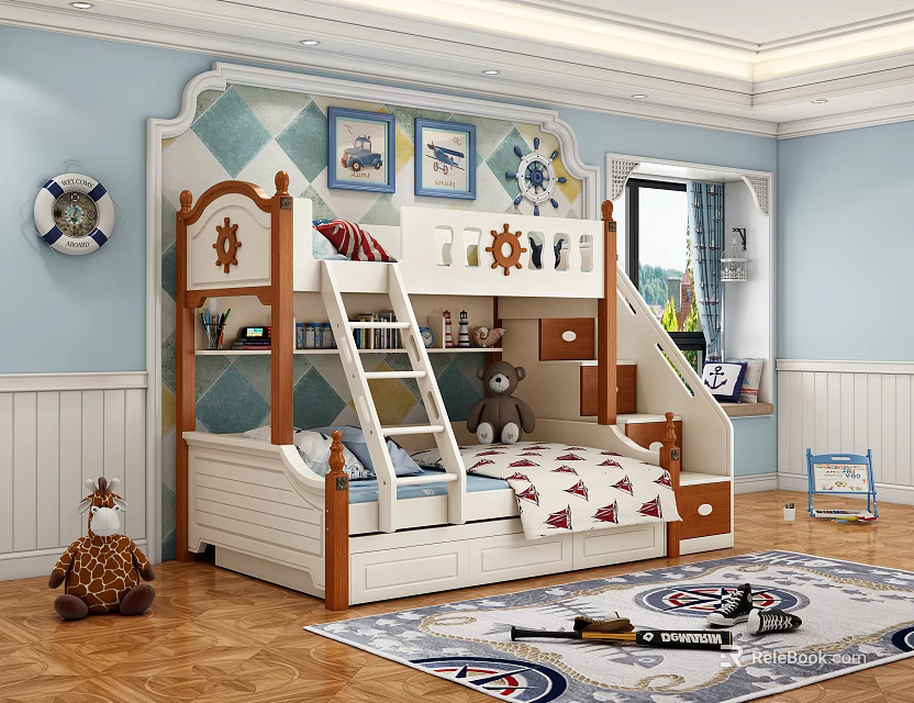 Wooden White Bunk Bed in Kids Room with Ladder Storage Wall Decor Toys and Carpet 3d model 