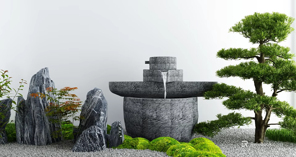 Garden Ornament With Stone Water Fountain Rockery Green Plants And Mossy Pebbles 3d model 
