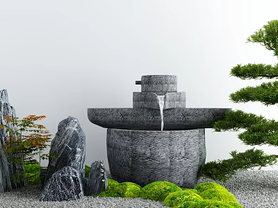 Garden Ornament With Stone Water Fountain Rockery Green Plants And Mossy Pebbles 3d model