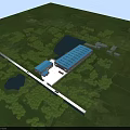 Modern Industrial Factory with Blue Roof Surrounded by Green Vegetation and Lakes