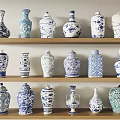 Blue and White Ceramic Vases and Jars on Wooden Shelves with Various Designs