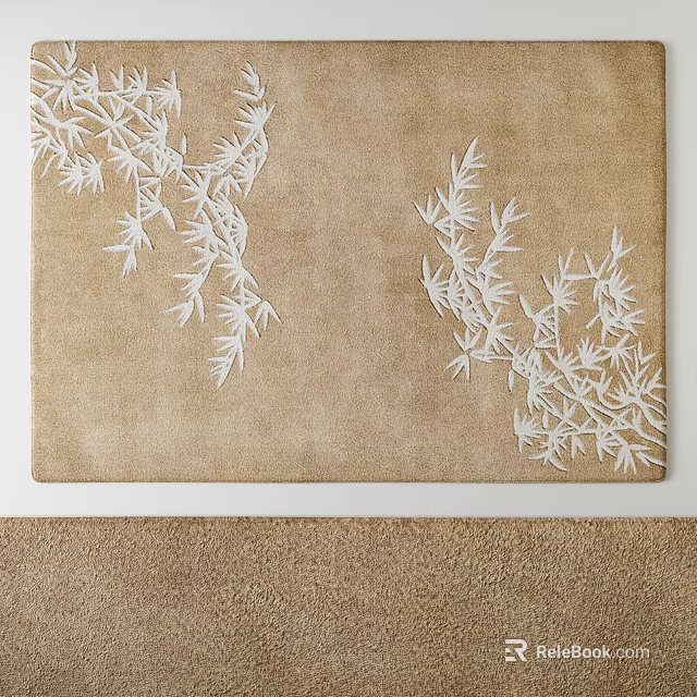 Soft Beige Square Rug With White Embroidered Bamboo Leaf Patterns 3d model
