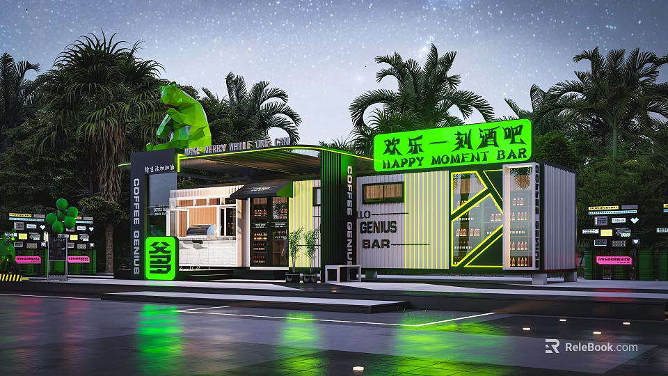 Container Building Bar Design With Happy Moment Sign Neon Lights And Palm Trees 3d model 