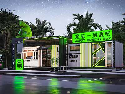 Container Building Bar Design With Happy Moment Sign Neon Lights And Palm Trees 3d model