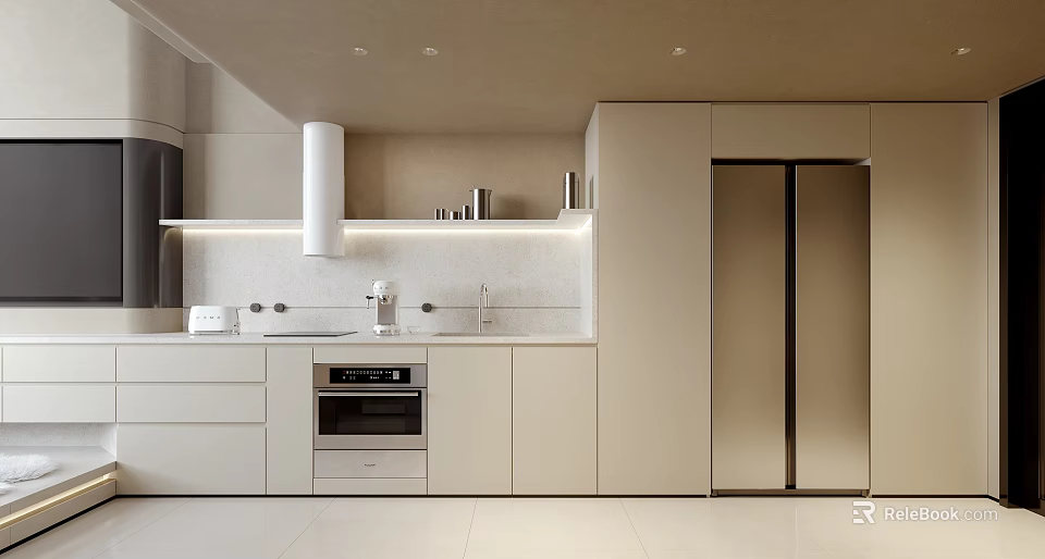Modern Kitchen Interior With White Cabinets Range Hood Oven And Refrigerator 3d model 