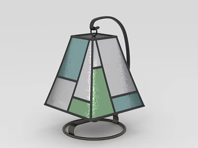 Decorative Lantern Furniture with Stained Glass Panels Geometric Design Metal Frame Handle and Base 3d model